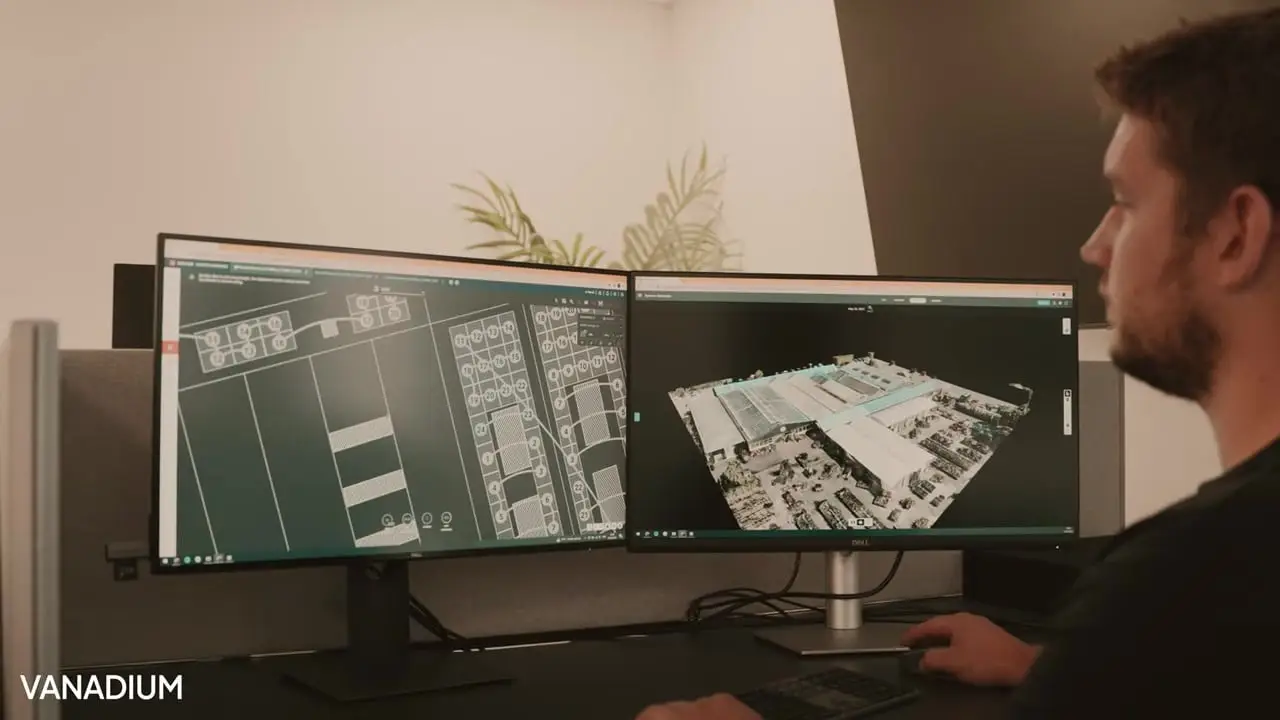 Vanadium designer working through a 3D site model and the stringing design on two screens