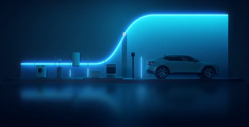 Illustration of a home energy system with solar panels, battery and EV charger