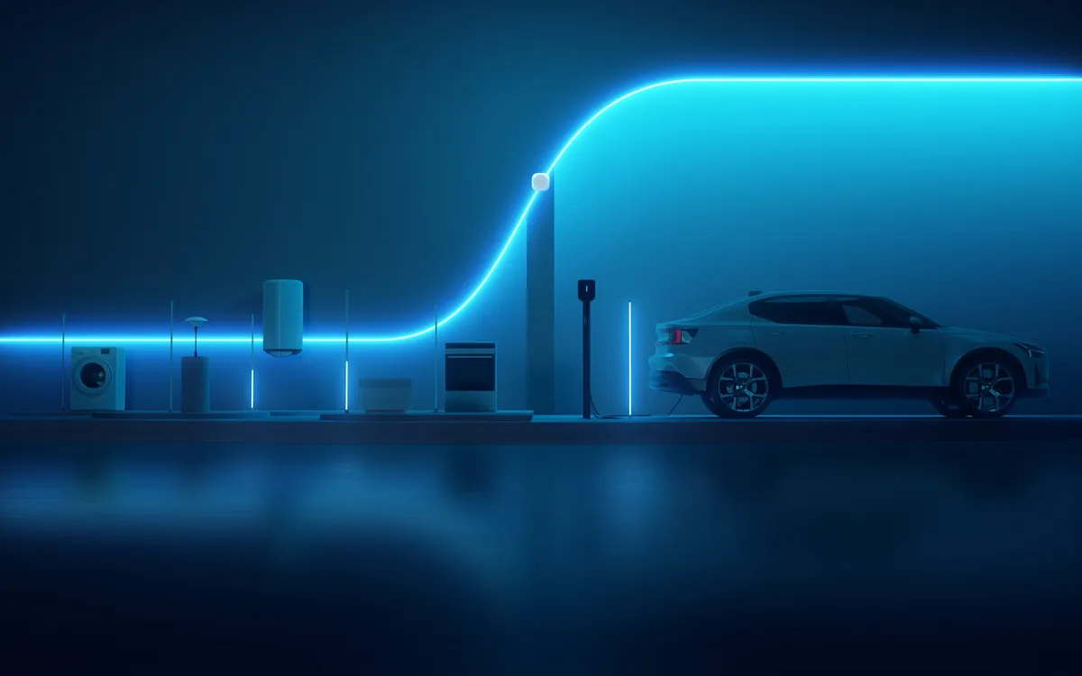 Illustration of a home energy system with solar, battery, heat pump and EV charger