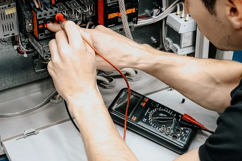 Electrician testing circuits in an open board with a multimeter