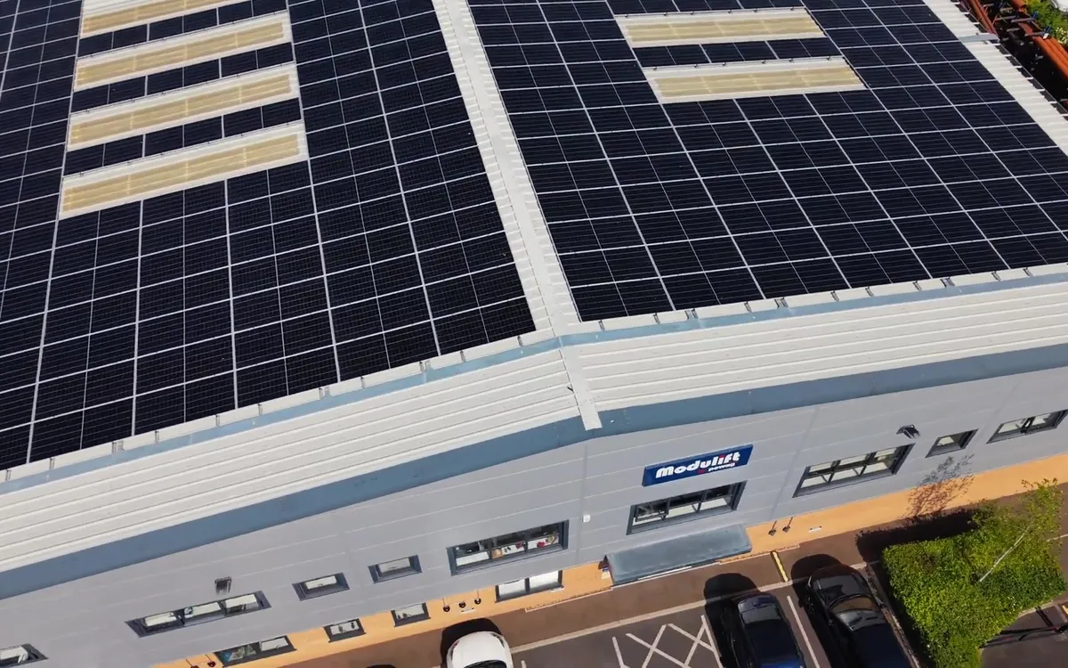 Aerial view of Modulift by Pewag building with solar panels on the roof