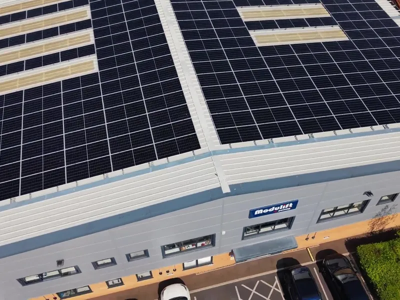 Aerial view of Modulift by Pewag building with solar panels on the roof