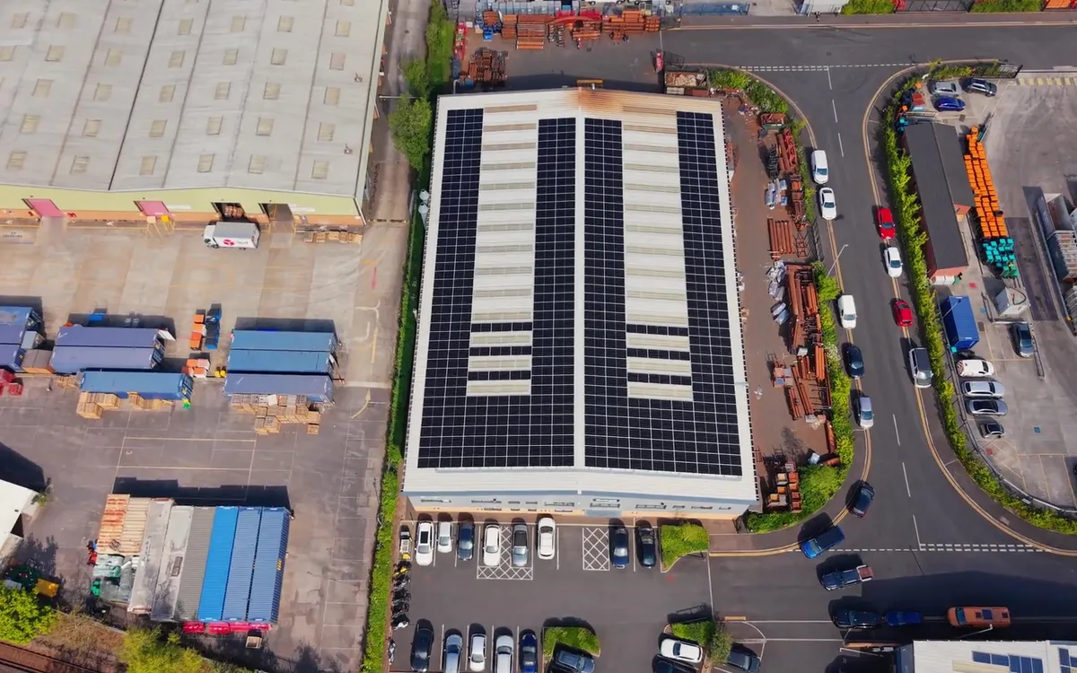 Drone view straight down onto the Modulift by Pewag roof in Wimborne, covered in solar panels