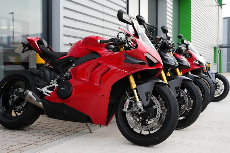 Row of Ducati motorcycles outside the finished Bournemouth dealership