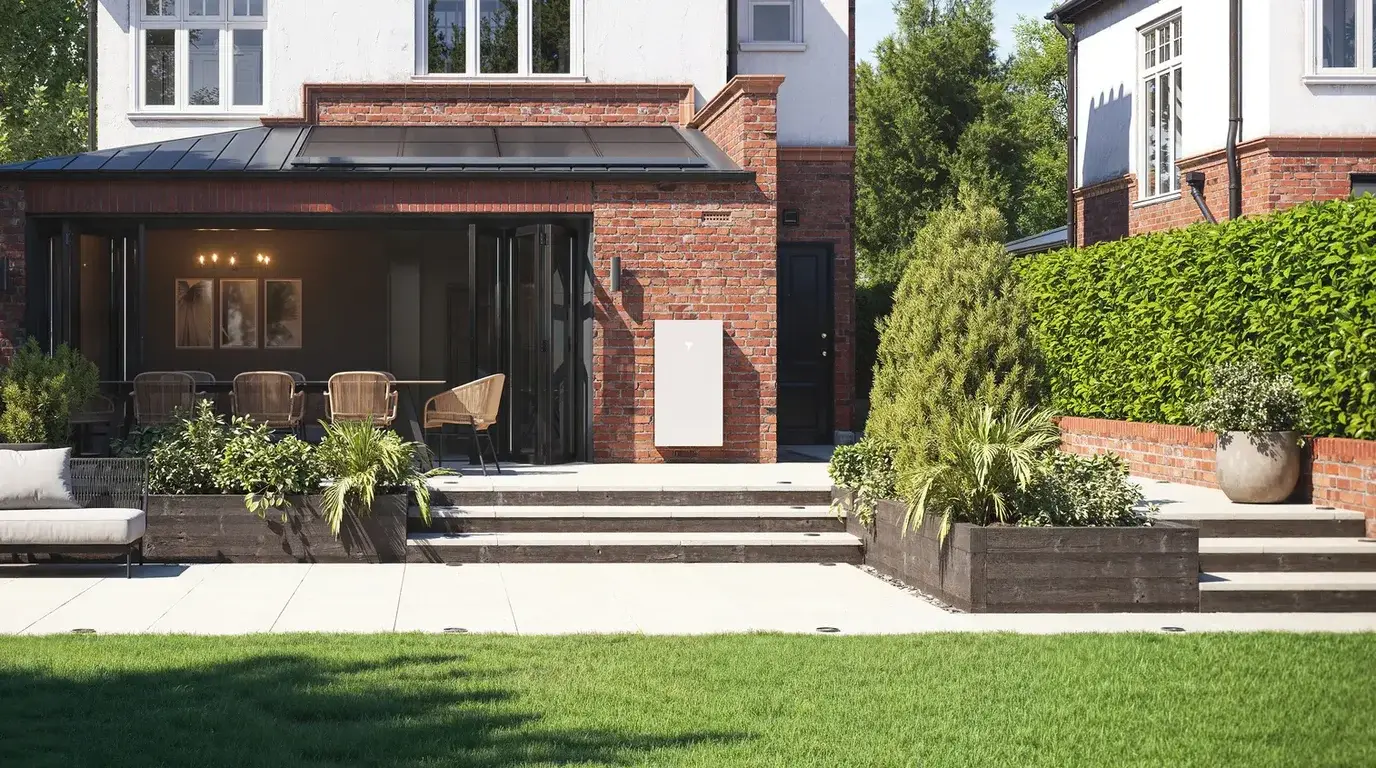Brick extension with a Tesla Powerwall 3 on the wall beside the patio doors, day and night