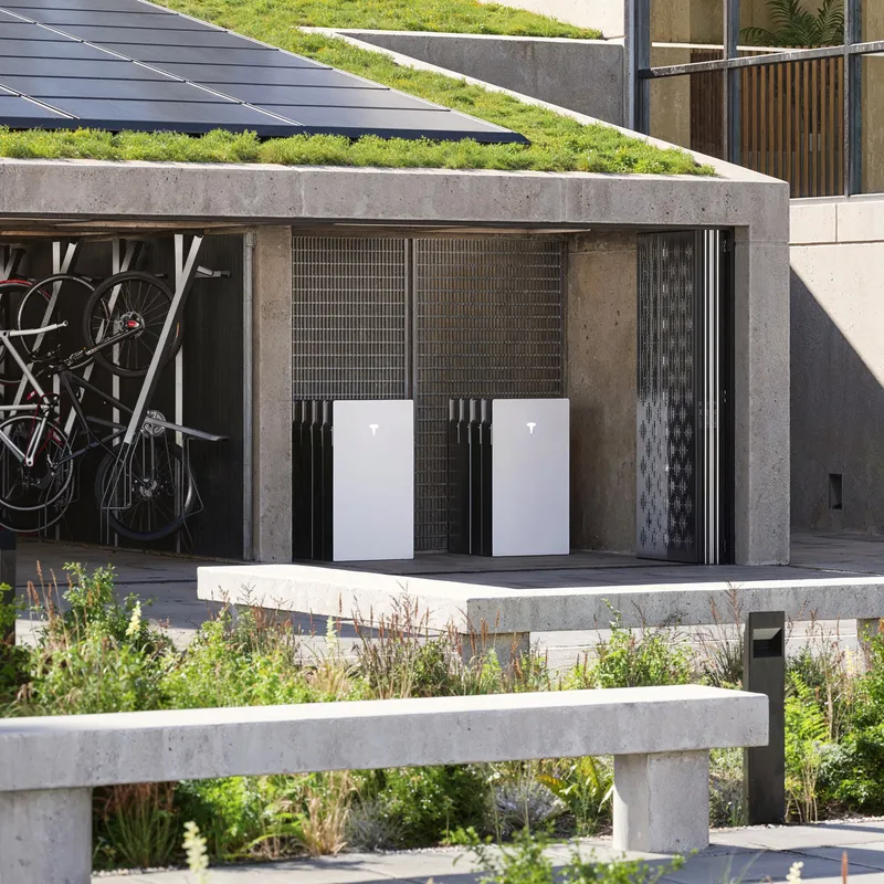 Tesla Powerwall 3 units stacked at a commercial site