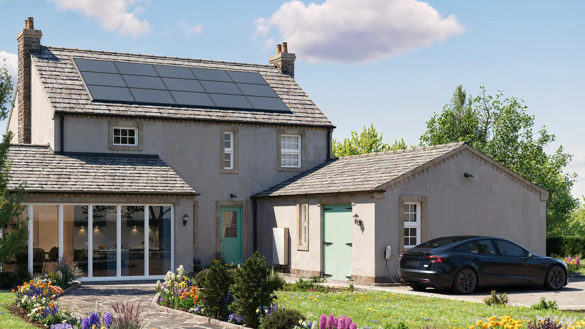 Tesla Powerwall 3 installed on the wall of a country home