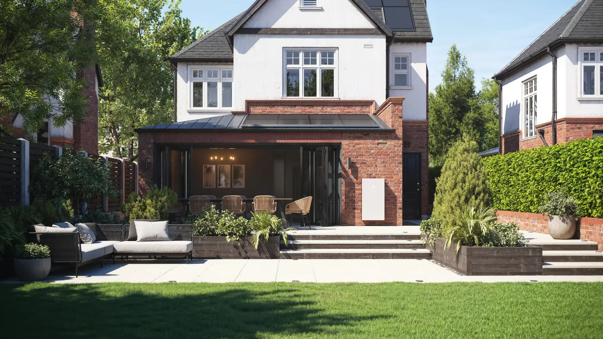 Detached house with solar panels on the roof and a Tesla Powerwall 3 beside the patio doors