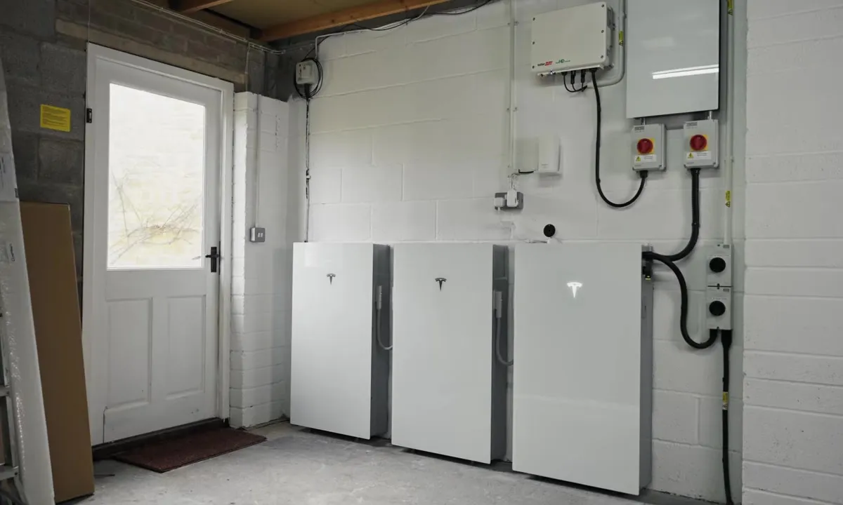 Battery, inverter and a new consumer unit on a Sherborne garage wall