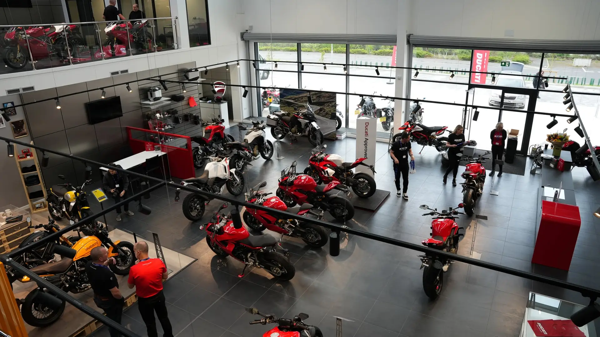 Ducati Bournemouth showroom floor seen from the mezzanine after the electrical fit-out
