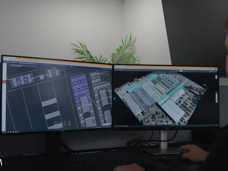 Vanadium designer viewing a 3D solar model of a commercial site on dual screens