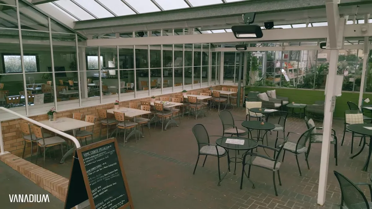 A cafe with tables and chairs, a glass roof, and outdoor heaters.