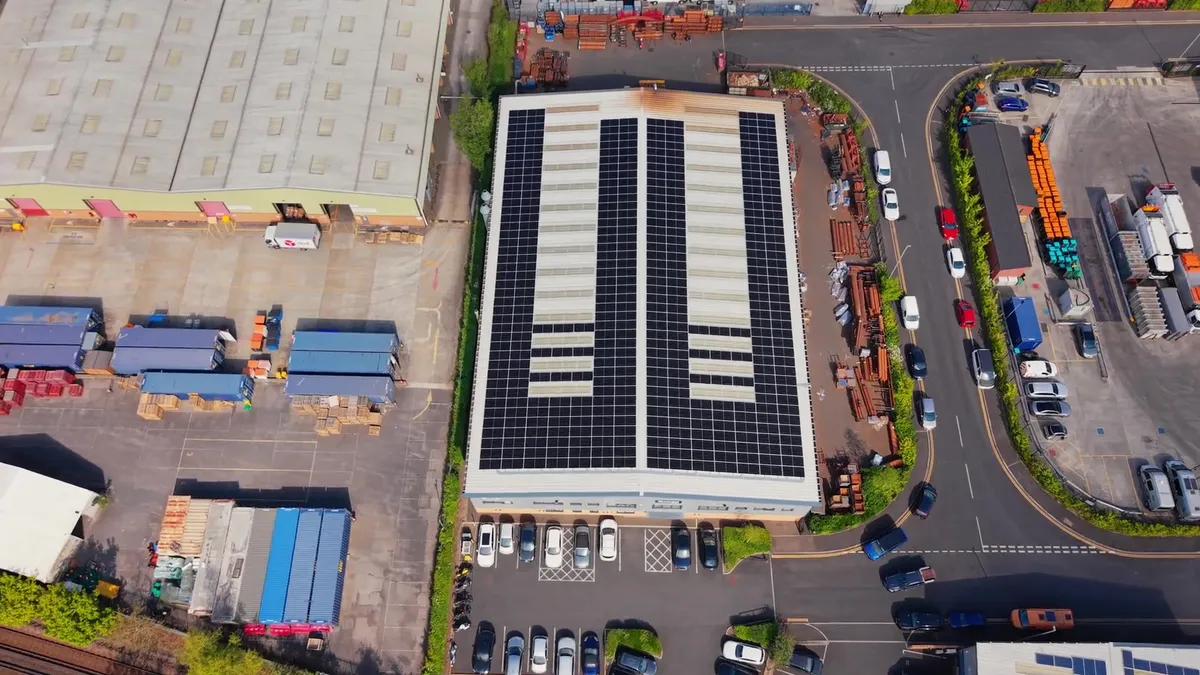 Overhead drone shot of solar panels on Modulift by Pewag roof
