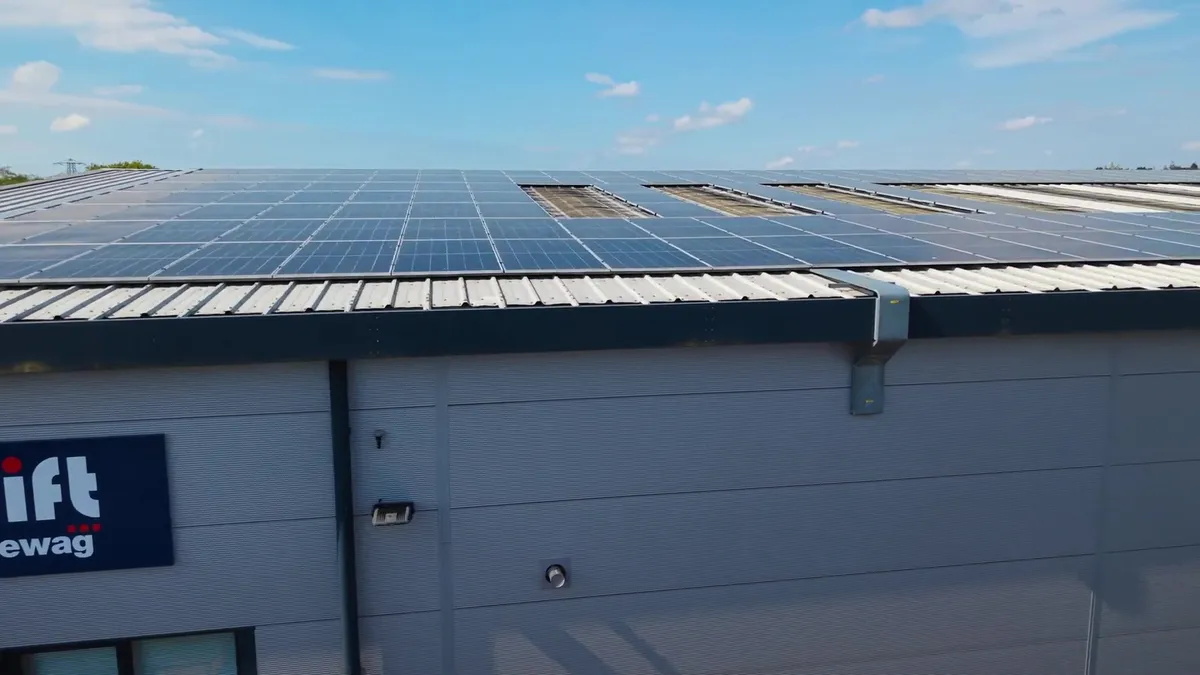 Drone shot of solar panels on Modulift by Pewag roof, closer view