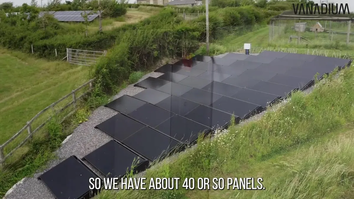 Aerial view of the ground-mounted solar panels integrated into a grassy slope.