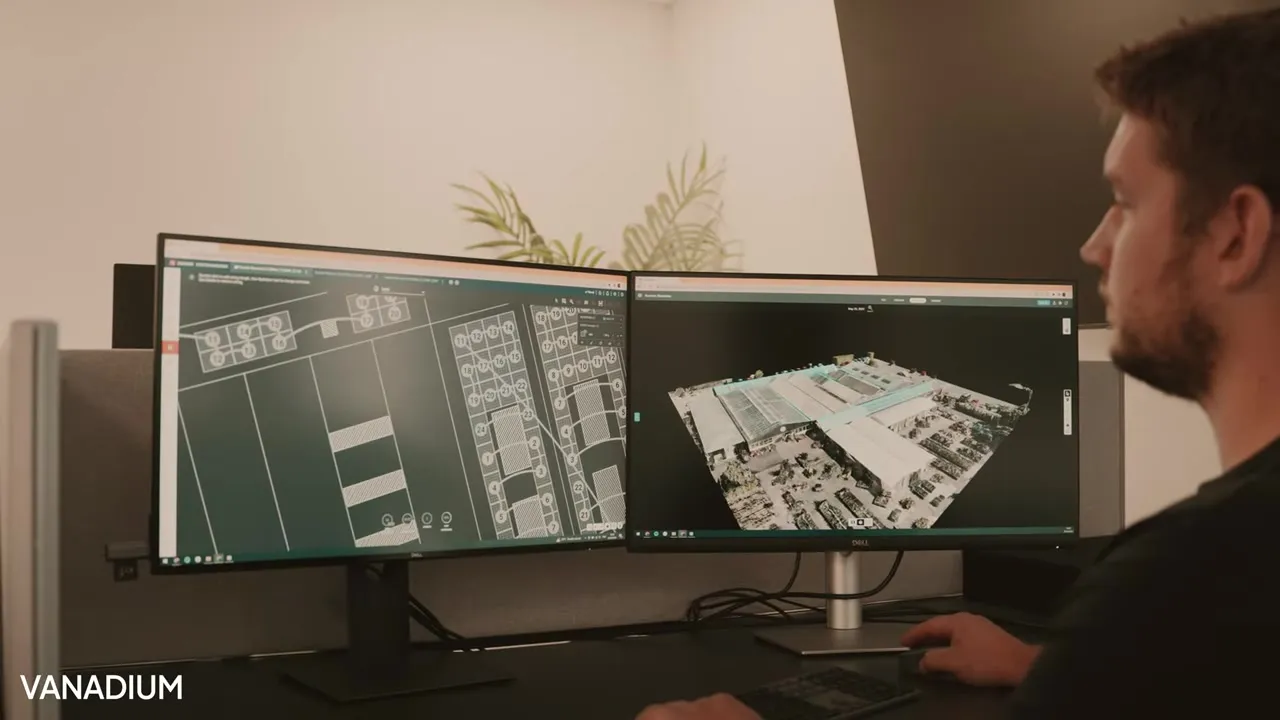 Vanadium designer laying out a solar array on a dual-monitor workstation