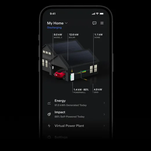 Tesla app showing home energy flow between solar, Powerwall, home and grid